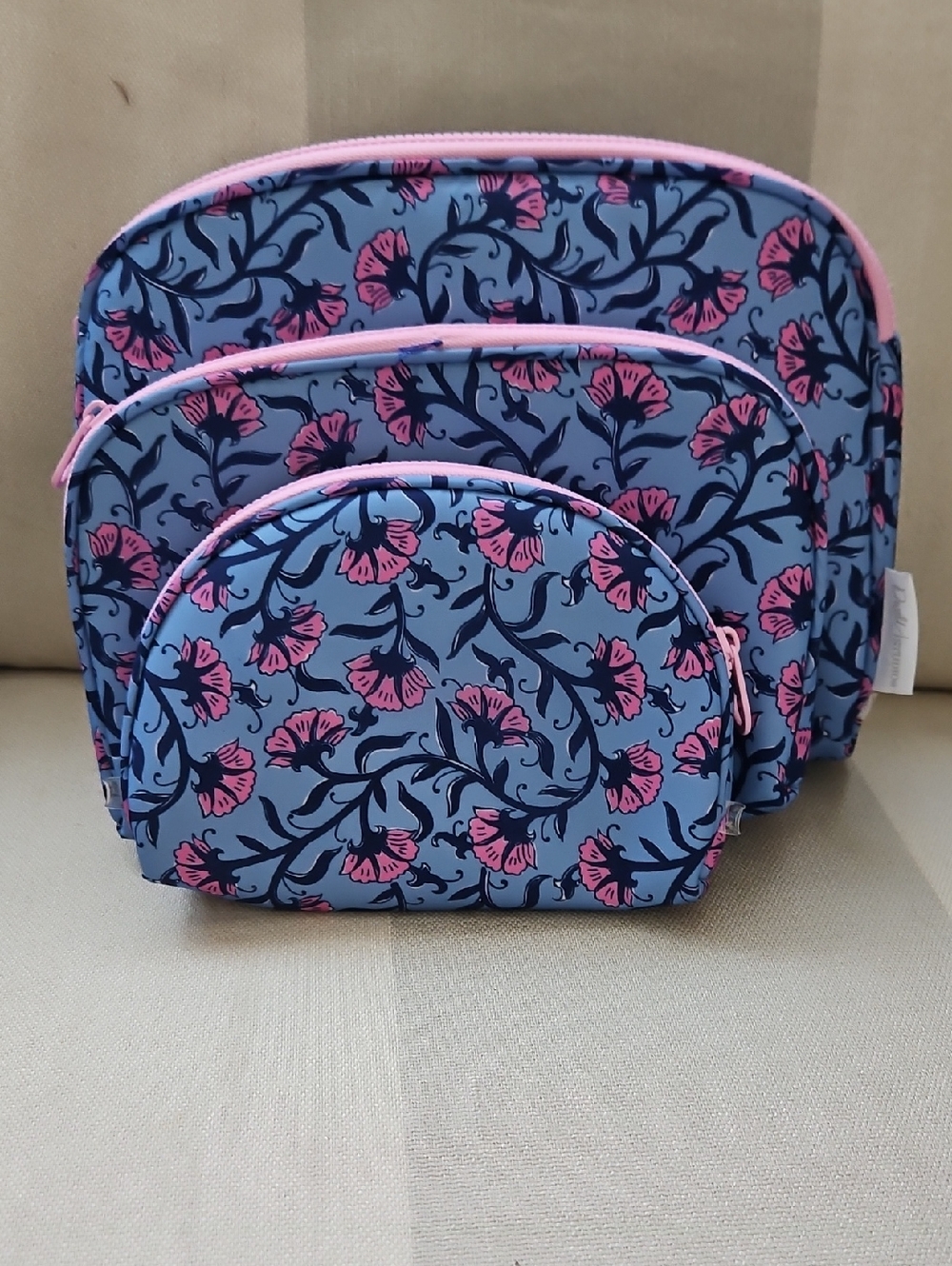 Floral Zip Cosmetic Pouch Set - Blue with Pink Flower Print